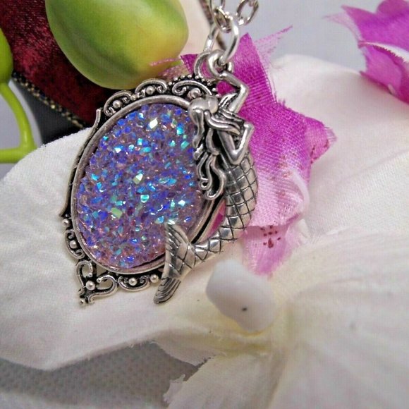 Mermaid Silver Necklace Purple Druzy Cameo Charm - Picture 4 of 7